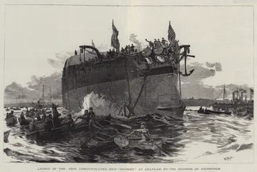 Stapellauf des neuen gepanzerten Schiffs Rodney in Chatham durch die Herzogin von Edinburgh